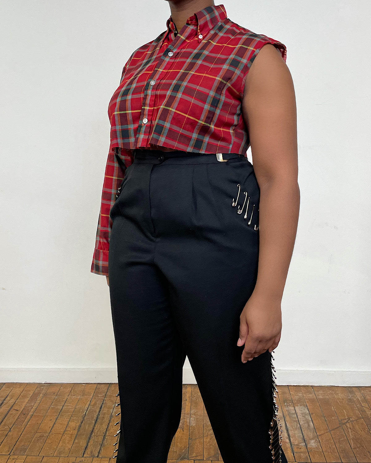 Vintage Re-Worked Red Plaid Button Down Crop Shirt (S/M)
